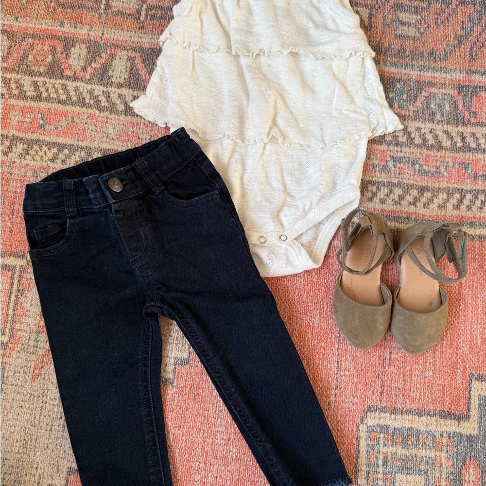 SOLD Girl’s Navy Denim and White Top with Ballet flats Outfit Kate Quinn